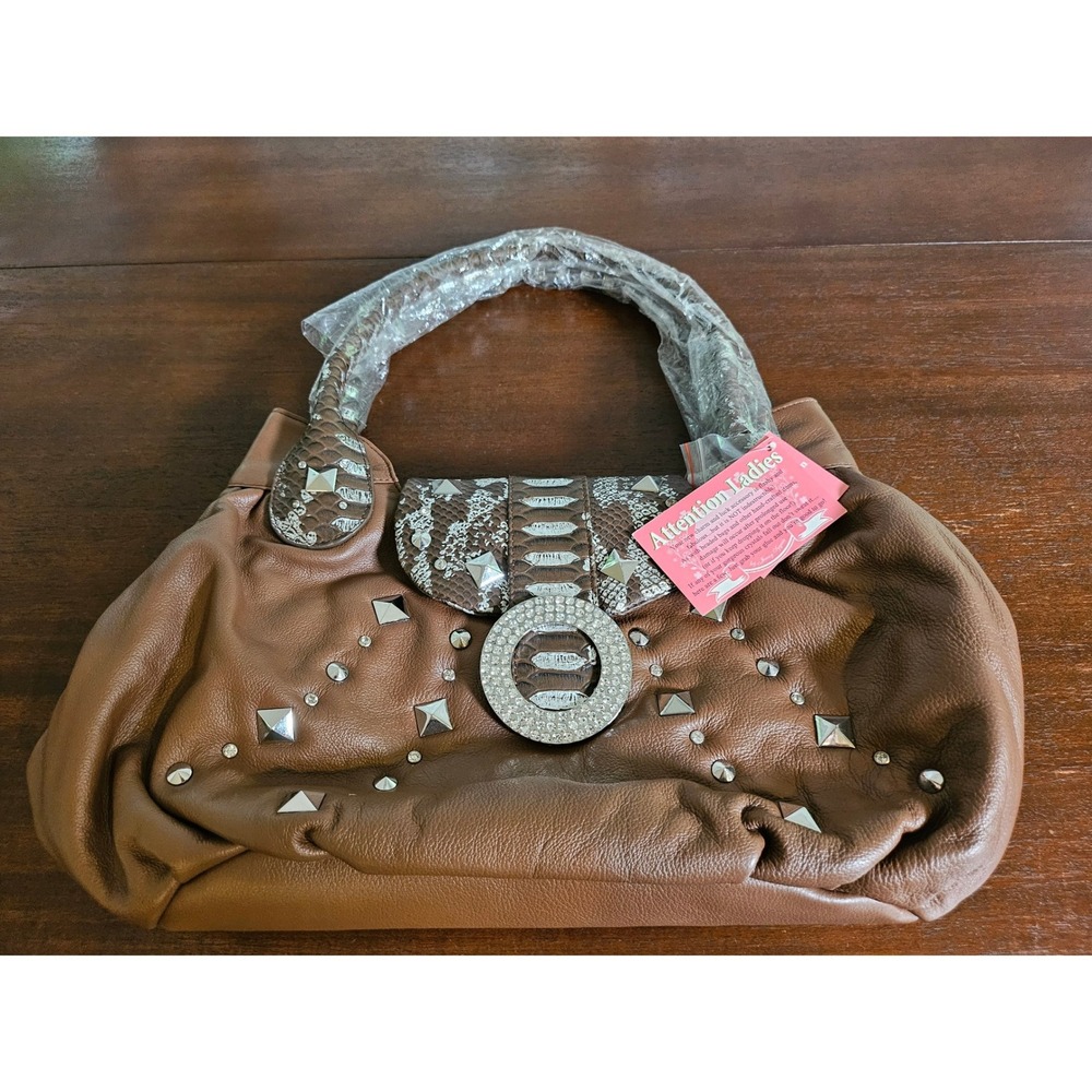 Charm and Luck Shoulder Bag Womens Large Brown Studded Snakeskin Buckle NEW